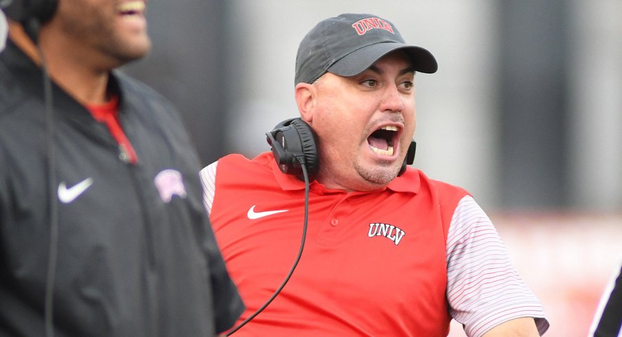 Nov 12, 2016; Las Vegas, NV, USA; UNLV Rebels head coach Tony Sanchez reacts to a play during a game against the Wyoming Cowboys at Sam Boyd Stadium. UNLV won the game in the third overtime 69-66. Mandatory Credit: Stephen R. Sylvanie-USA TODAY Sports