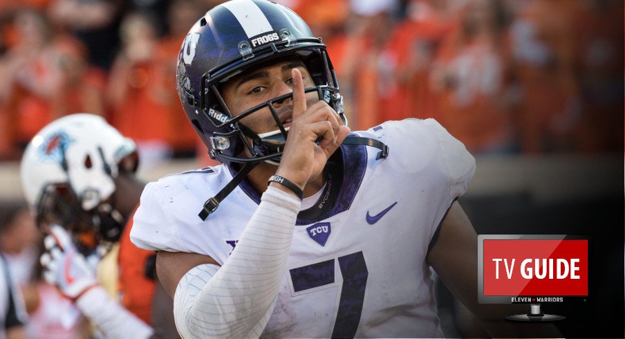 Sep 23, 2017; Stillwater, OK, USA; TCU Horned Frogs quarterback Kenny Hill (7) reacts after a touchdown during the second half against the Oklahoma State Cowboys at Boone Pickens Stadium. Mandatory Credit: Rob Ferguson-USA TODAY Sports