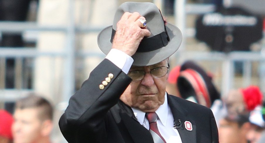 Earle Bruce dotted the 'i' during Script Ohio before Ohio State's game against Rutgers in 2016.