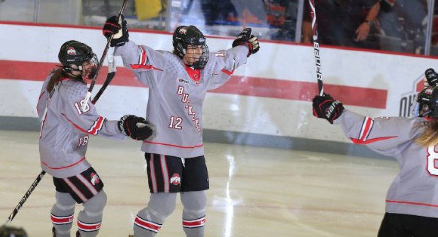 Ohio State's Maddy Field celebrates a goal with teammate Julianna Iafallo. 