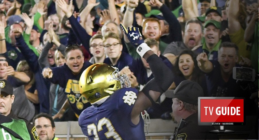 Oct 21, 2017; South Bend, IN, USA; Notre Dame Fighting Irish running back Josh Adams (33) celebrates after a touchdown in the third quarter against the USC Trojans at Notre Dame Stadium. Mandatory Credit: Matt Cashore-USA TODAY Sports