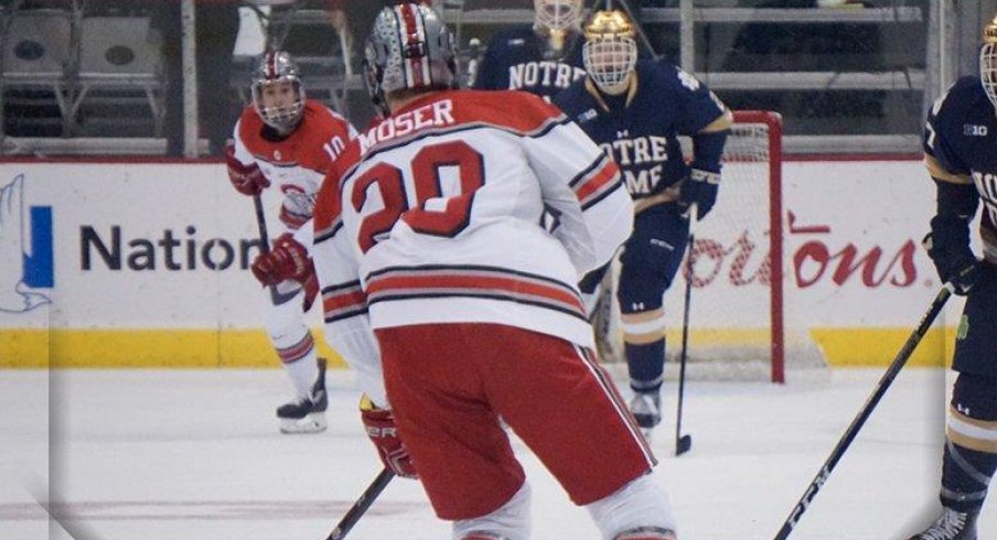 Buckeye defenseman Janik Moser scored for Ohio State against Notre Dame.
