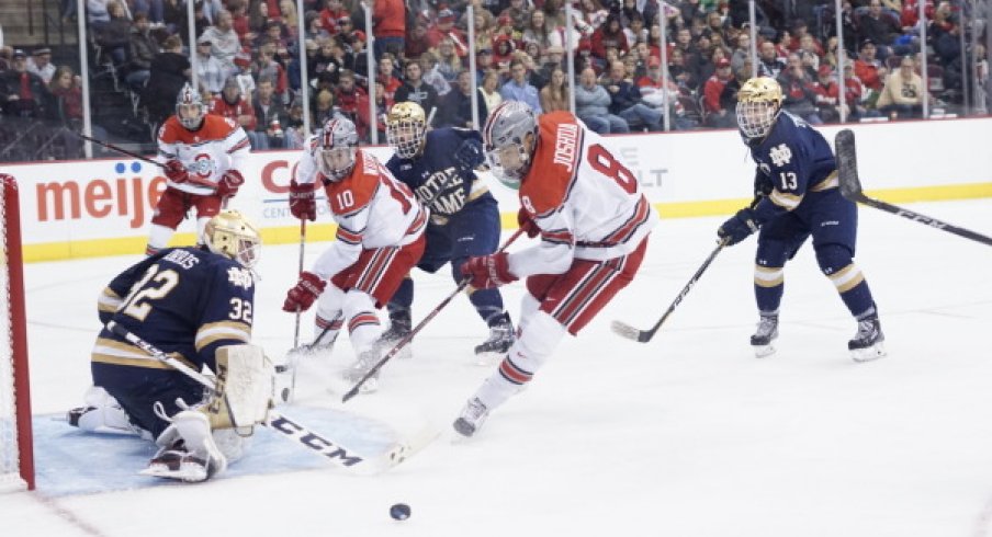Ohio State and Notre Dame men's hockey engage in a Big Ten battle at the Schottenstein Center in Columbus, Ohio. 