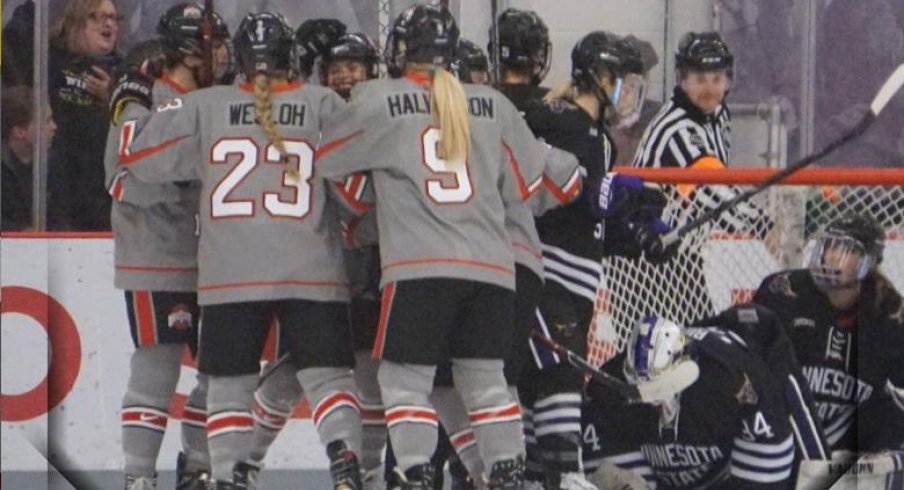 Ohio State women's hockey celebrates a goal against Minnesota State.