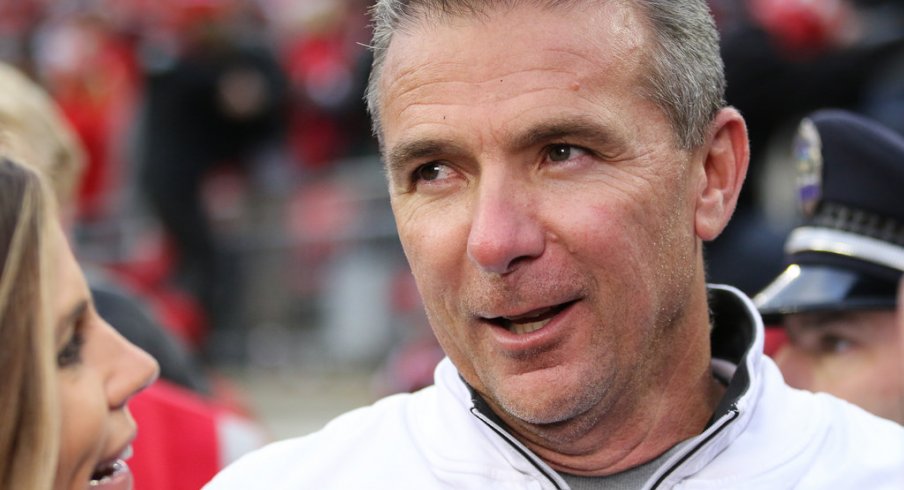 Urban Meyer smiles in a postgame interview after Ohio State's 2016 win over Michigan.