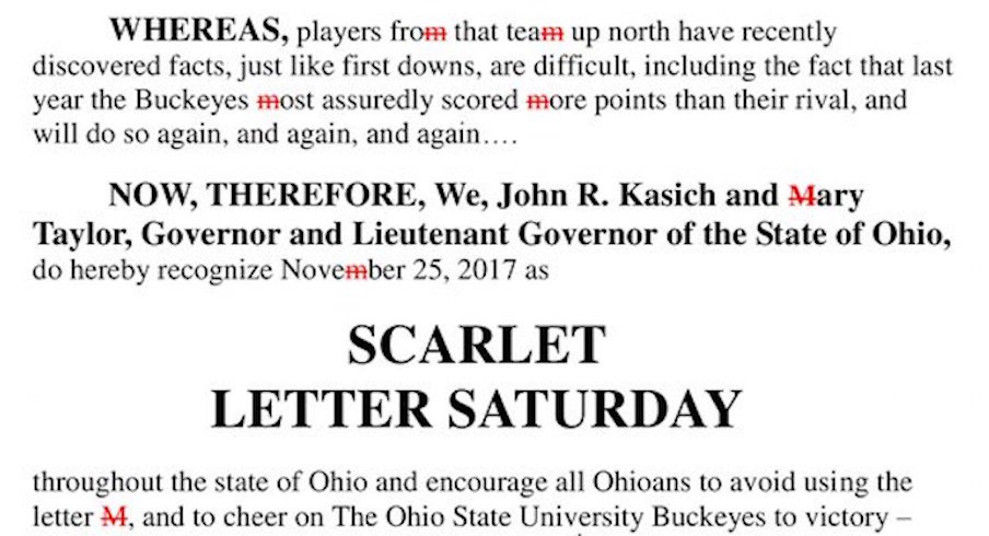 Ohio Gov. John Kasich and Lt. Gov Mary Taylor released their annual Scarlet Letter Saturday proclamation on Saturday.