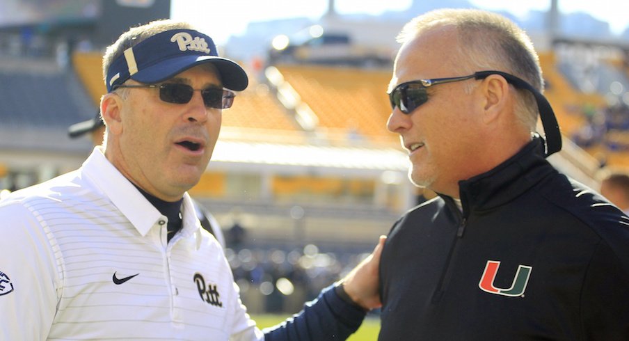Pitt coach Pat Narduzzi (left) and Miami coach Mark Richt