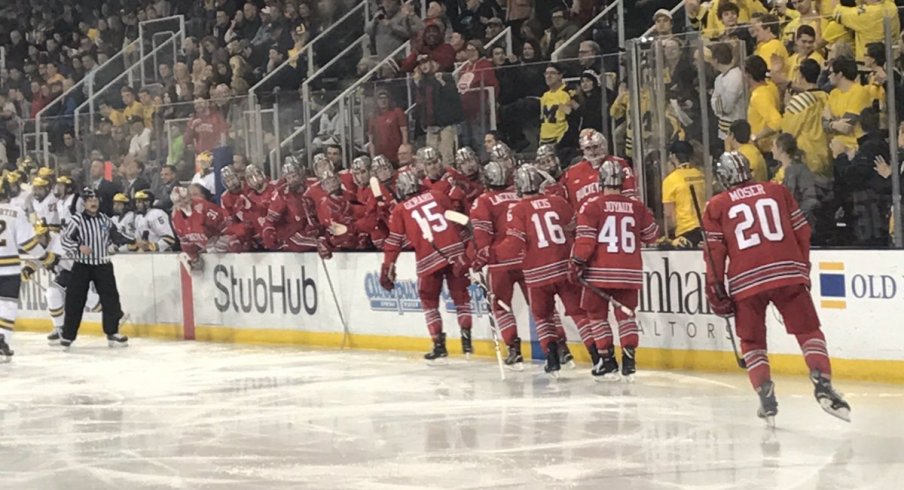 The Buckeyes celebrate a goal against the Wolverines.