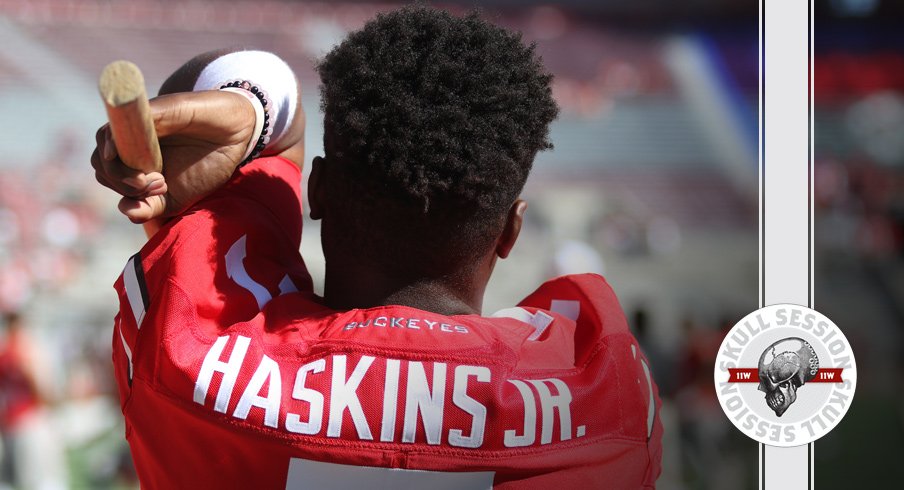 Dwayne Haskins Jr. stretches for the December 7th 2017 Skull Session.