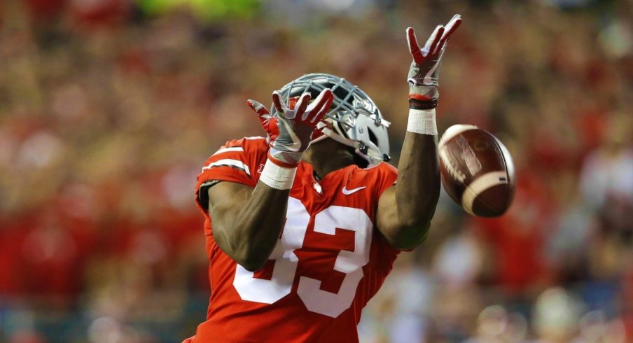 Sep 9, 2017; Columbus, OH, USA; Ohio State Buckeyes wide receiver Terry McLaurin (83) drops a pass during the first quarter against the Oklahoma Sooners at Ohio Stadium. Mandatory Credit: Joe Maiorana-USA TODAY Sports