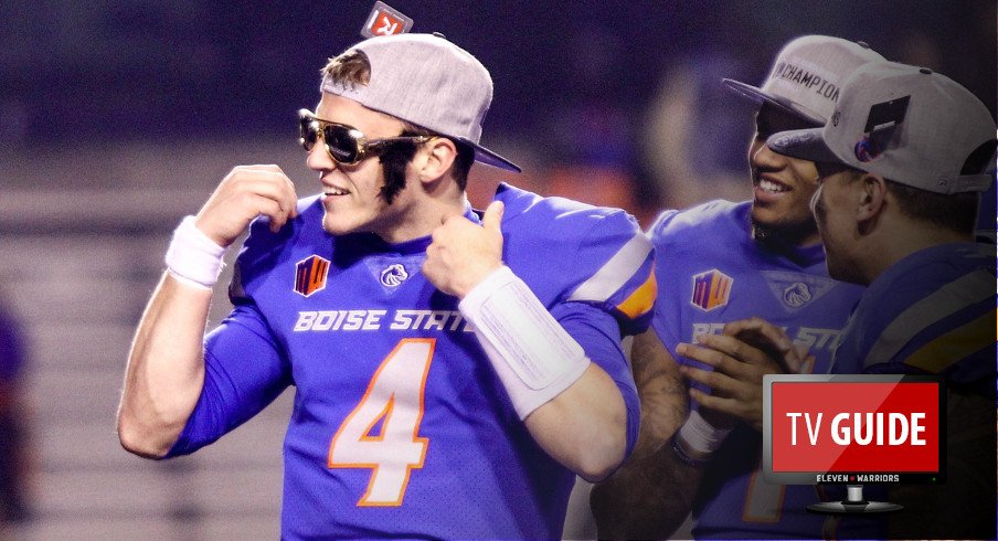 Dec 2, 2017; Boise, ID, USA; Boise State Broncos quarterback Brett Rypien (4) dons a pair of Elvis glasses after the Mountain West championship game against Fresno State Bulldogs at Albertsons Stadium. Boise State defeats Fresno State 17-14. Mandatory Credit: Brian Losness-USA TODAY Sports