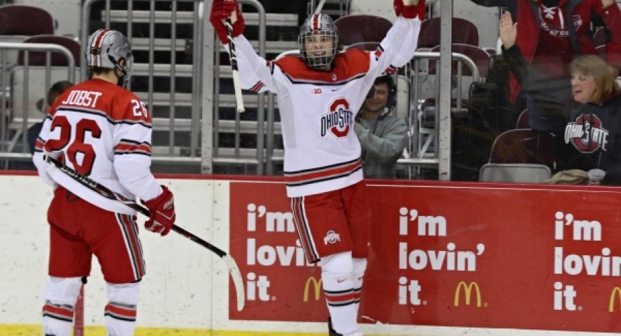 Ohio State's Tanner Laczynski celebrates another goal.