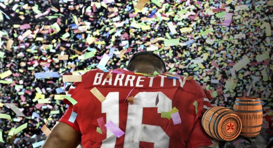 Dec 29, 2017; Arlington, TX, USA; Ohio State Buckeyes quarterback J.T. Barrett (16) celebrates after the game against the USC Trojans in the 2017 Cotton Bowl at AT&T Stadium. Mandatory Credit: Kevin Jairaj-USA TODAY Sports