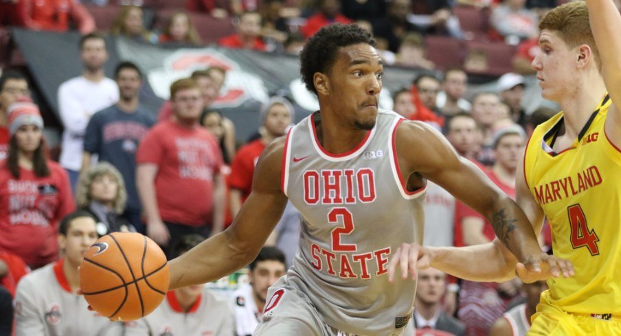 Ohio State basketball player Musa Jallow drives the ball in a win against Maryland.