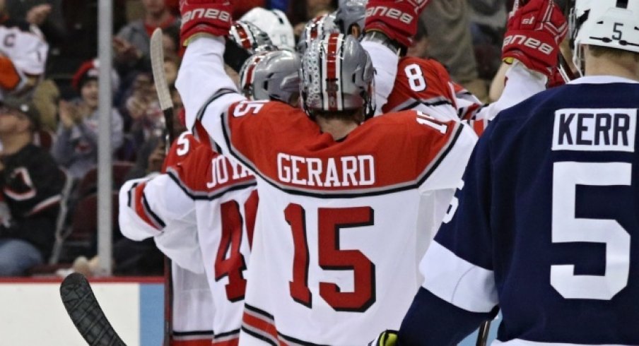 Ohio State's Freddy Gerard celebrates a goal against Penn State.