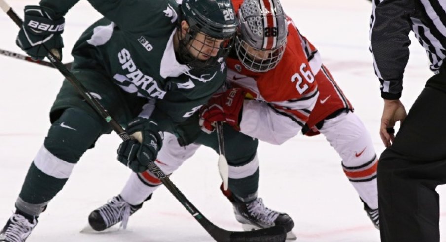Buckeye captain Mason Jobst and Ohio State men's hockey square off against the Michigan State Spartans.