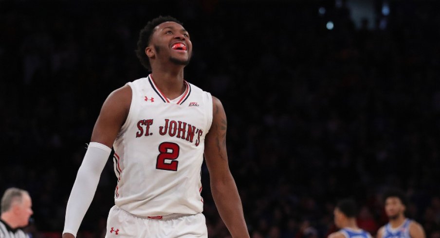 Feb 3, 2018; Queens, NY, USA; St. John's Red Storm guard Shamorie Ponds (2) celebrates in the last seconds of the game against the Duke Blue Devils at Madison Square Garden. Mandatory Credit: Anthony Gruppuso-USA TODAY Sports