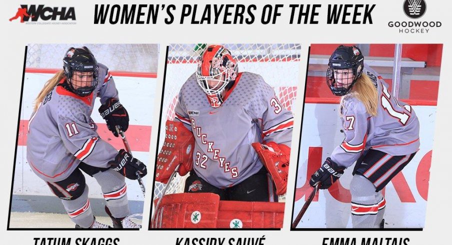 Ohio State's Tatum Skaggs, Kassidy Sauve, and Emma Maltais make it a Buckeye sweep of the weekly WCHA awards.