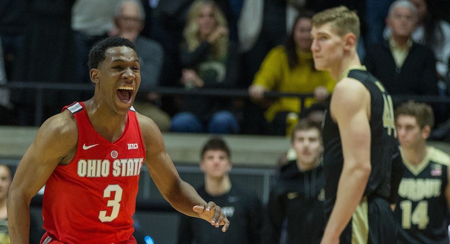 C.J. Jackson celebrates after the Buckeyes' 64-63 win over Purdue.