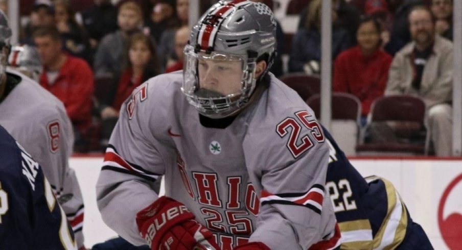 Buckeye forward Brendon Kearney skates against Notre Dame.