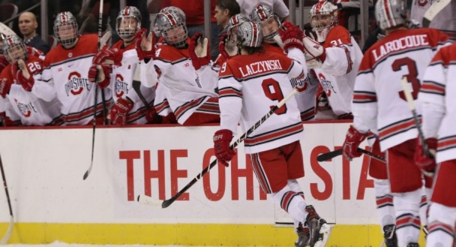 Tanner Laczynski celebrates a goal with his Buckeye teammates.