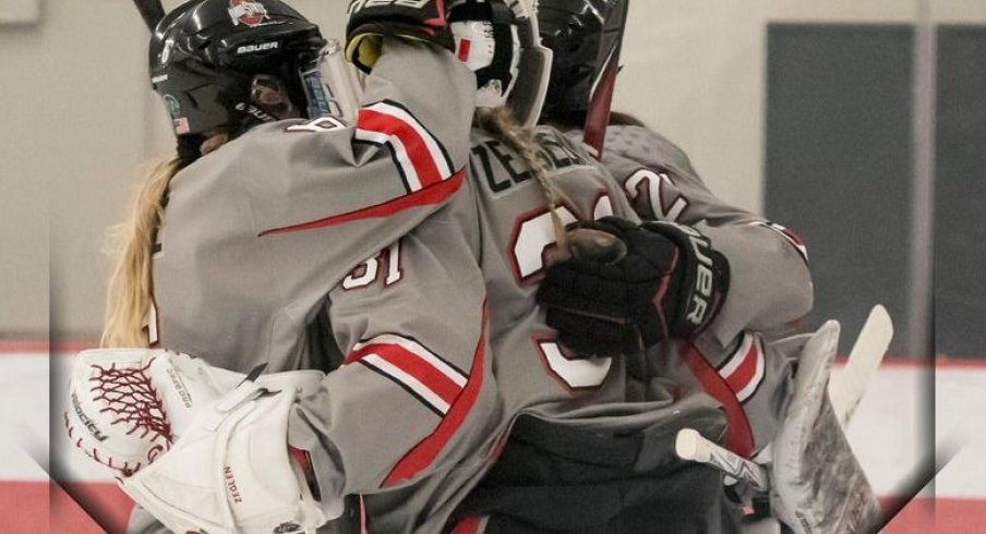 Amanda Zeglen's Buckeye teammates congratulate her on a win over Minnesota State.