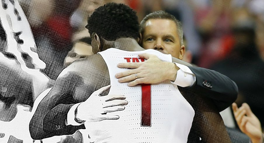 Feb 20, 2018; Columbus, OH, USA; Ohio State Buckeyes forward Jae'Sean Tate (1) gets a congratulatory hug from head coach Chris Holtmann as he leaves the floor for the last time during the second half against the Rutgers Scarlet Knights at Value City Arena. Mandatory Credit: Joe Maiorana-USA TODAY Sports