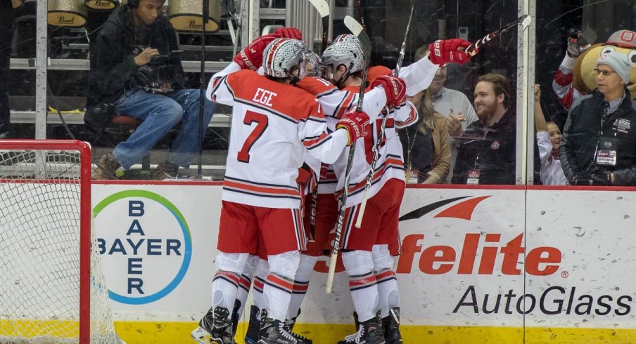 Wyatt Ege and the Buckeyes celebrate a goal against the Michigan State Spartans.