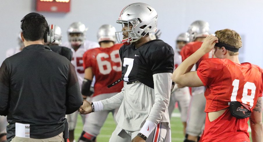 Dwayne Haskins (7) and Tate Martell (18) during 2017 spring practice.