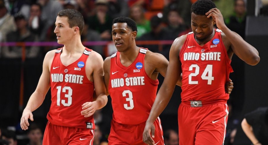 Mar 17, 2018; Boise, ID, USA; Ohio State Buckeyes guard Andrew Dakich (13), guard C.J. Jackson (3), and forward Andre Wesson (24) react during the second half against the Gonzaga Bulldogs during the second round of the 2018 NCAA Tournament at Taco Bell Arena. Mandatory Credit: Kyle Terada-USA TODAY Sports