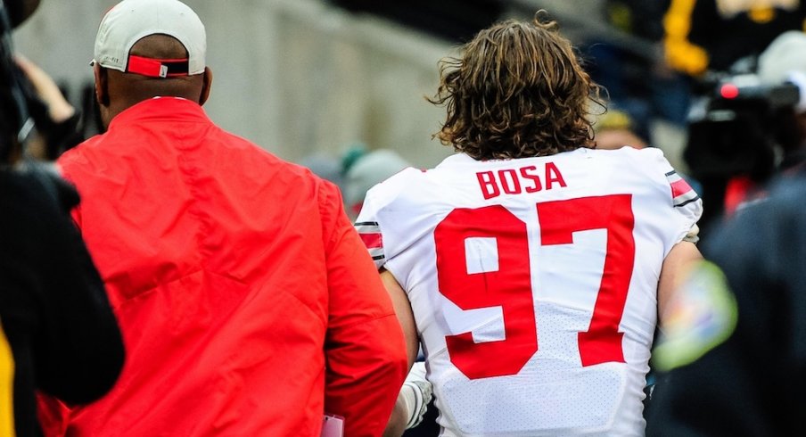 Nov 4, 2017; Iowa City, IA, USA; Ohio State Buckeyes defensive lineman Nick Bosa (97) heads off the field after being ejected during the second quarter against the Iowa Hawkeyes at Kinnick Stadium. Mandatory Credit: Jeffrey Becker-USA TODAY Sports