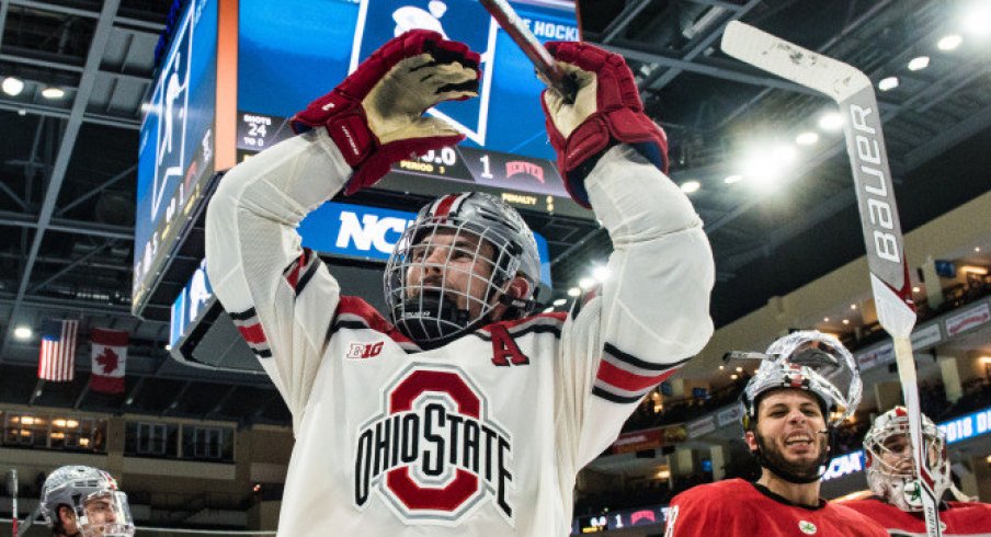 Buckeye defenseman Sasha Larocque celebrates Ohio State's second ever trip to the Frozen Four.