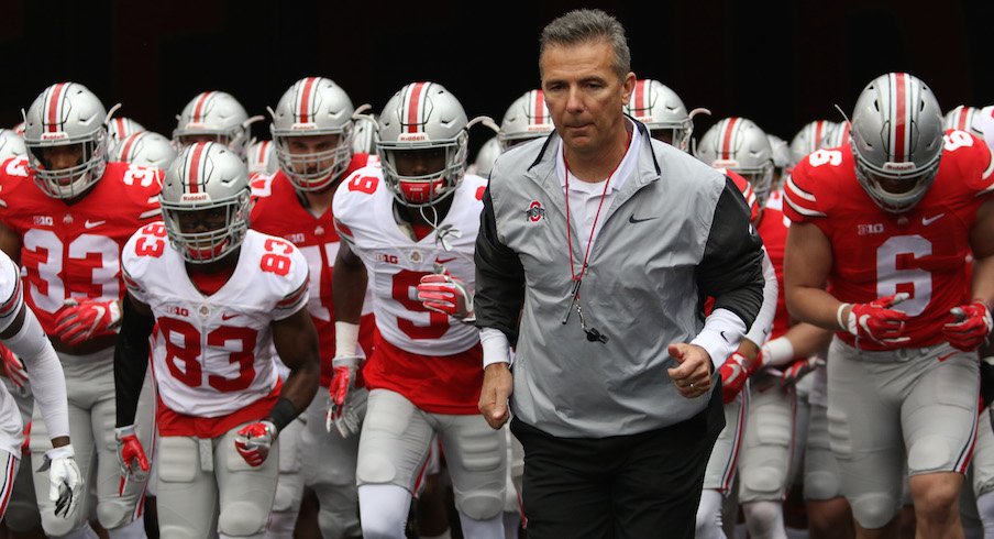 Urban Meyer and the Buckeyes at the start of the 2017 spring game.