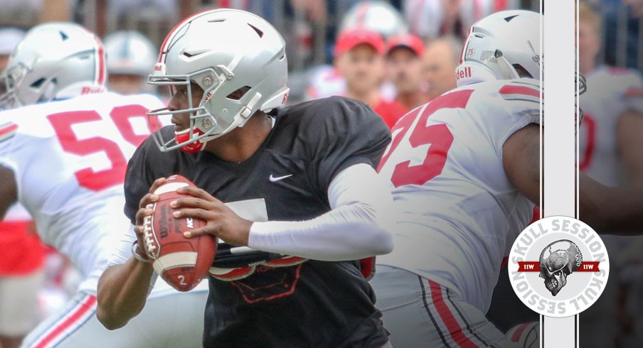 Dwayne Haskins looks down the field for the April 16 2018 Skull Session