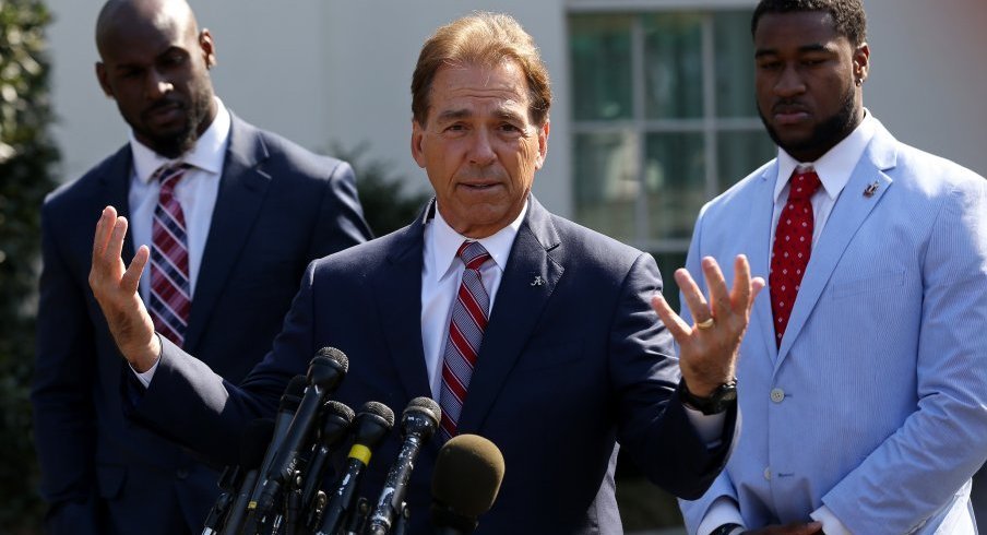 Nick Saban sporting scarlet and gray.