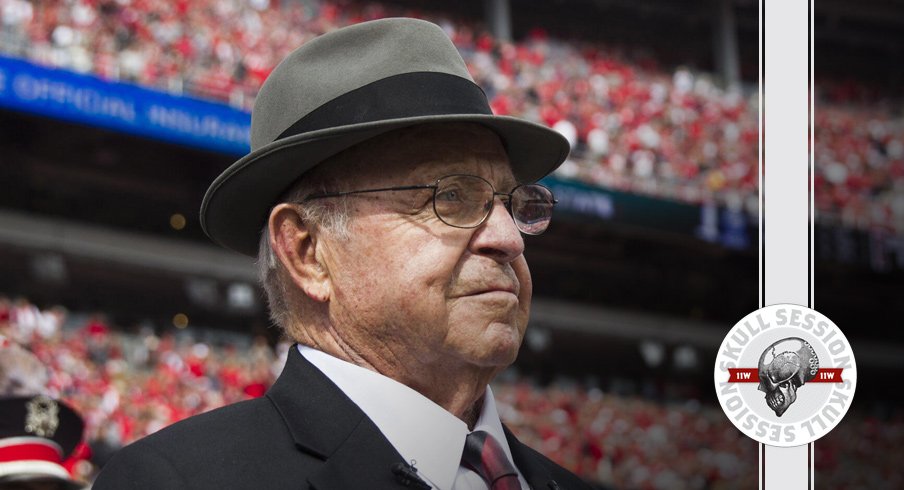 Earle Bruce smiles down on the April 25 2018 Skull Session