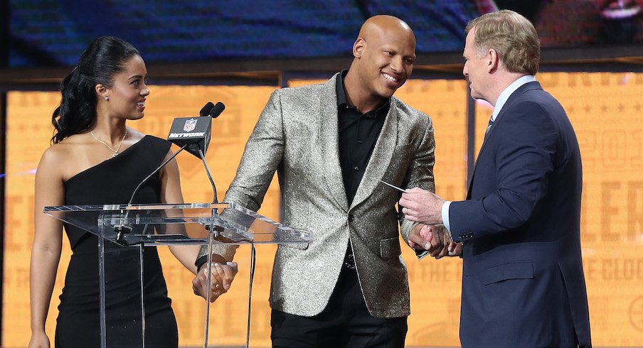 Ryan Shazier, his fiancee Michelle and NFL commissioner Roger Goodell