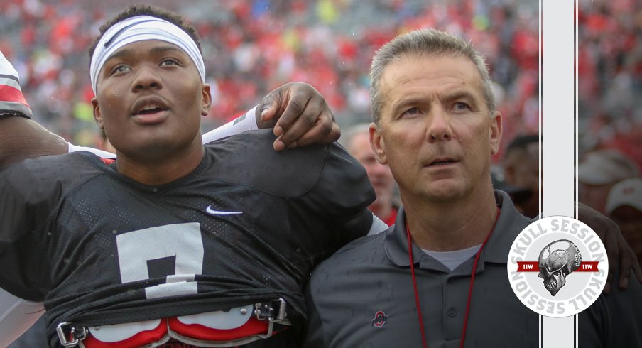 Dwayne Haskins and Urban Meyer sing Carmen Ohio for the March 5 2018 Skull Session