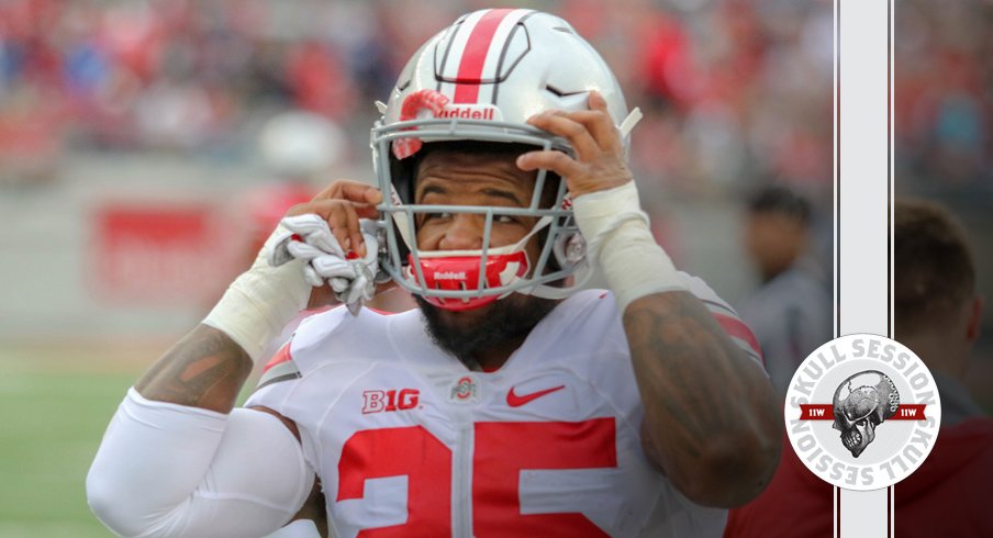 Mike Weber adjusts his helmet for the May 19 2018 Skull Session