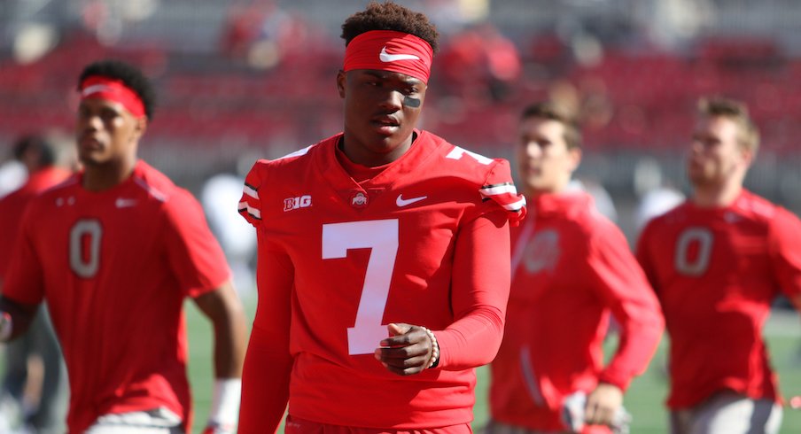 Dwayne Haskins and his teammates warm up prior to Ohio State's 2017 home game against UNLV.