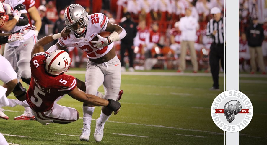 Mike Weber stiff arms the June 24 2018 Skull Session