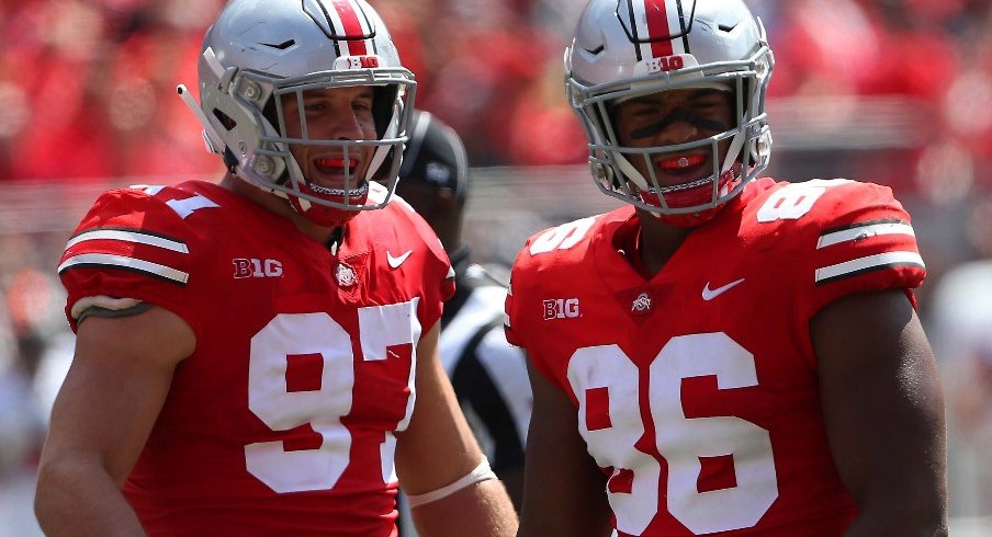 ohio State Buckeyes defensive tackle Dre'Mont Jones (86) celebrates with defensive end Nick Bosa (97) after his sack of Oregon State Beavers quarterback Conor Blount (2) during the second quarter at Ohio Stadium. 