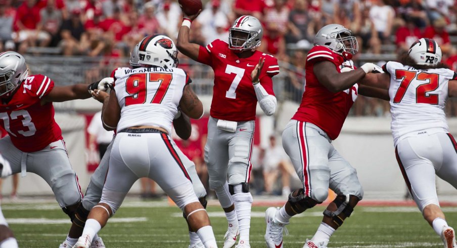 Dwayne Haskins throwing a pass from shotgun against Oregon State