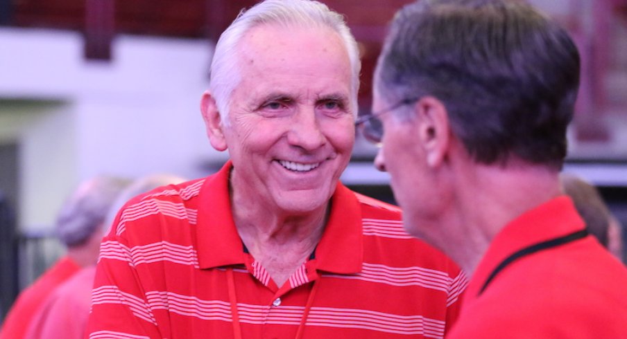 Former Ohio State basketball great Jerry Lucas has a conversation before Friday's dinner, put on by Chris Holtmann, at the Schottenstein Center.