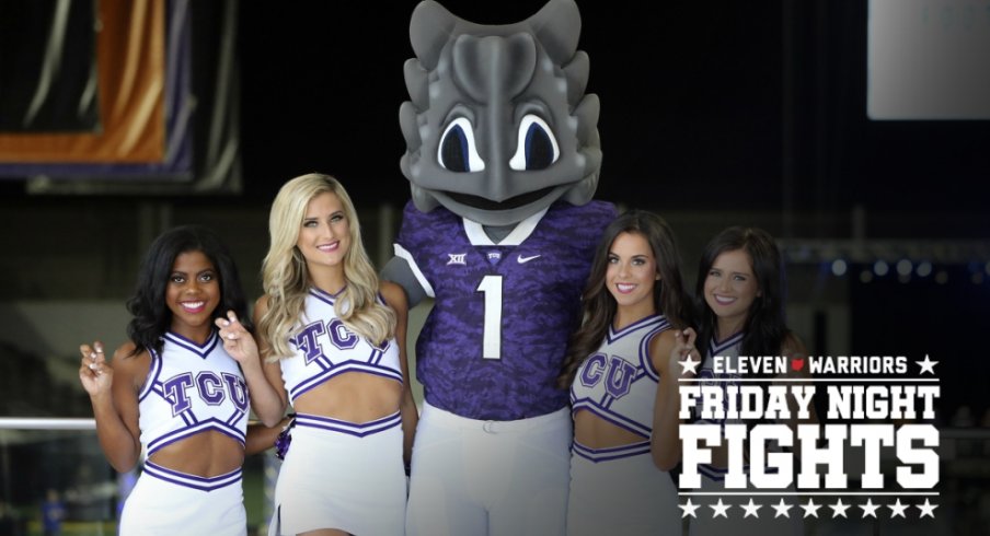 Jul 16, 2018; Frisco, TX, USA; TCU Horned Frogs cheerleaders and mascot pose for a photo during Big 12 football media days at the Ford Center at the Star. Mandatory Credit: Kevin Jairaj-USA TODAY Sports