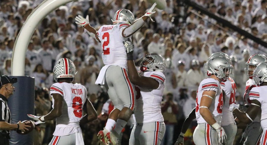 J.K. Dobbins after scoring a touchdown