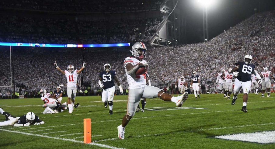 K.J. Hill highsteps into the end zone for the go-ahead touchdown. 