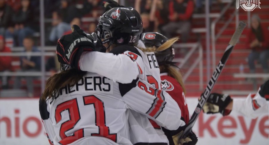 Maddy Field and company celebrate a big goal vs. St. Cloud State.