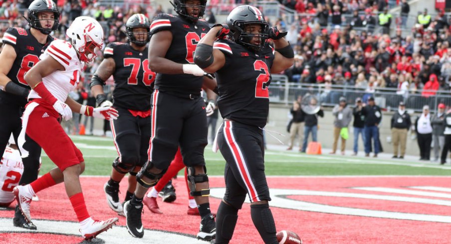 J.K. Dobbins after scoring a touchdown