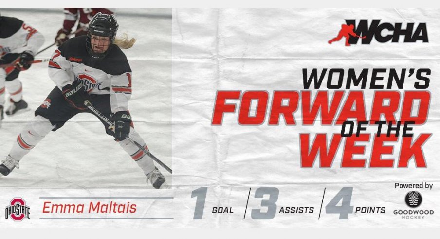 Emma Maltais led Ohio State with four points against St. Cloud. She's the WCHA's Forward of the Week.